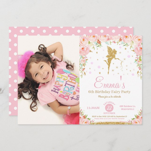 Rosa Blumenmaus 1. Geburtstag Party Einladung (Vorne/Hinten)