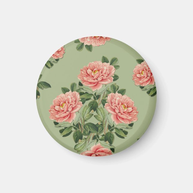 Rosa Blumenmuster auf grünem Hintergrund | Nahtlos Magnet (Vorne)