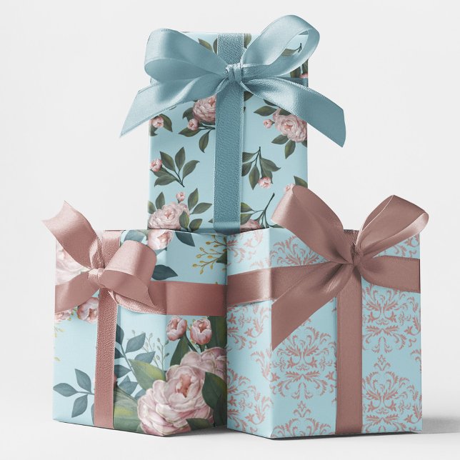 Rosa Blumenmuster Elegante Blaue Damaskus Geschenkpapier Set (Elegant blush pink and blue floral pattern wrapping paper)