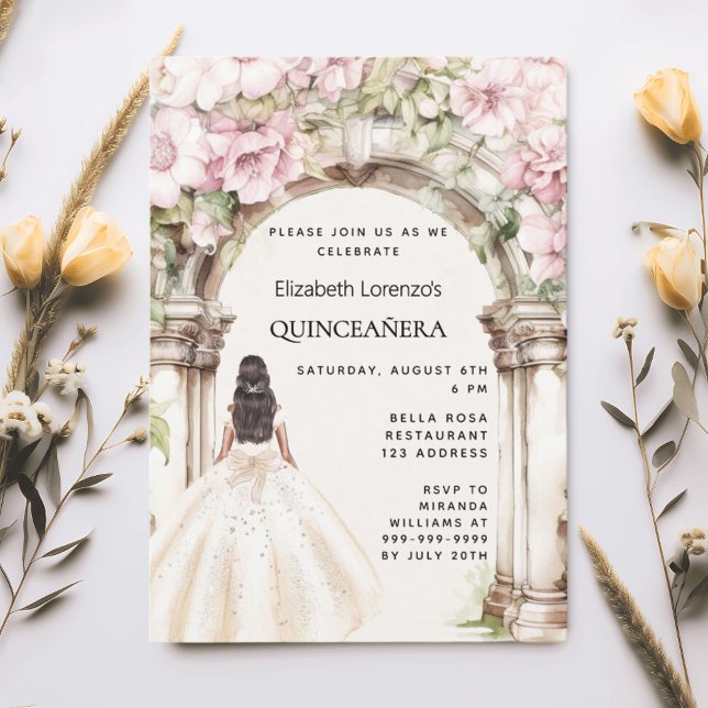 Rosa Blumenmuster Gewand weißes Kleid Quinceanera Einladung (Von Creator hochgeladen)