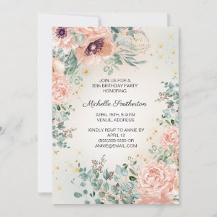 Rosa Blumenmuster Gold Glitter 30. Geburtstag Einladung