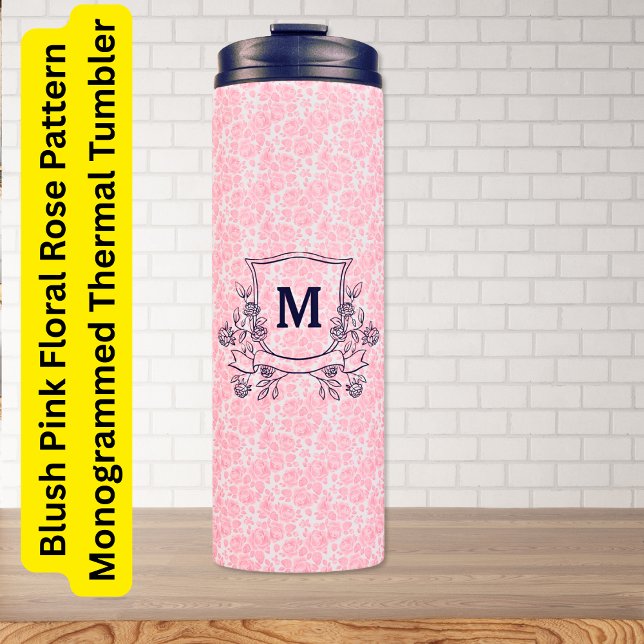 Rosa Blumenmuster Mit Monogramm Rose Thermosbecher (Blush Pink Floral Rose Pattern Monogrammed Thermal Tumbler)
