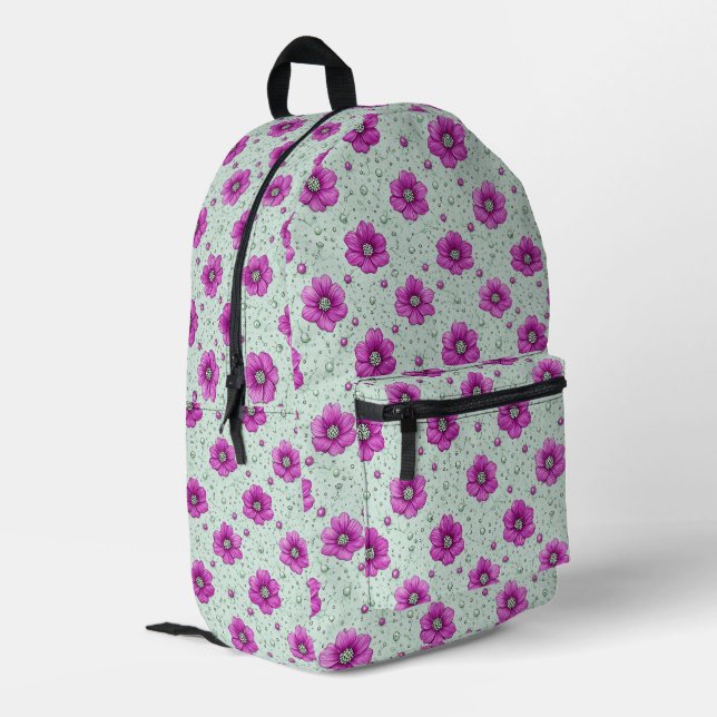 Rosa Blumenmuster mit Tröpfchen Bedruckter Rucksack (Rückseitige Ecke links)
