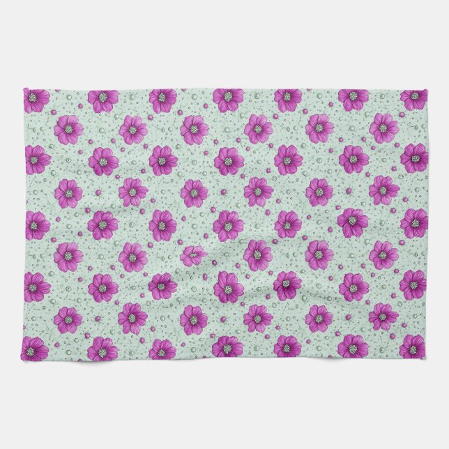 Rosa Blumenmuster mit Tröpfchen Geschirrtuch (Horizontal)