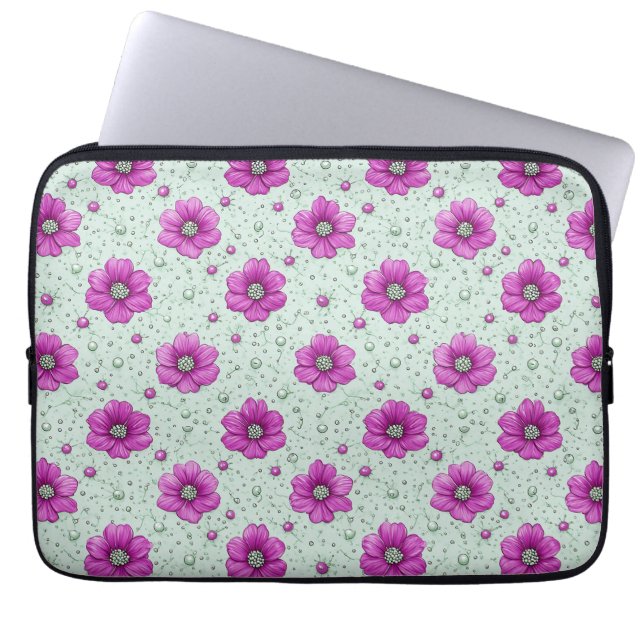 Rosa Blumenmuster mit Tröpfchen Laptopschutzhülle (Vorderseite)