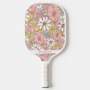 Rosa Blumenmuster Personalisierter Name Cute Pickleball Schläger