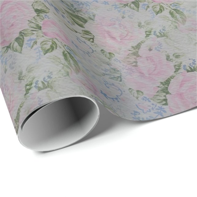 Rosa Blumenmuster Vintage Geschenkpapier (Rolleneckpunkt)