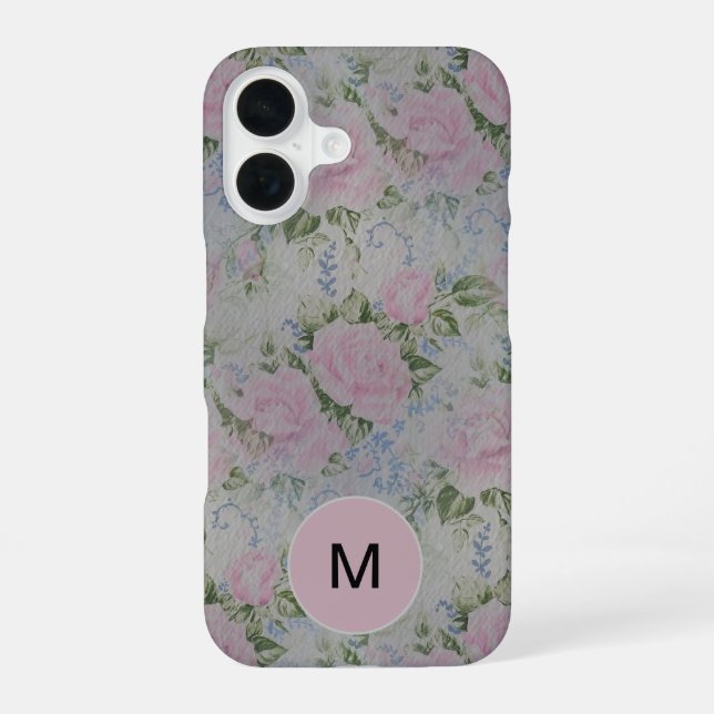 Rosa Blumenmuster Vintage Monogramm iPhone 16 Hülle (Rückseite)