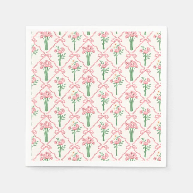 Rosa Blumenparty-Servietten mit Schleife Serviette (Vorderseite)