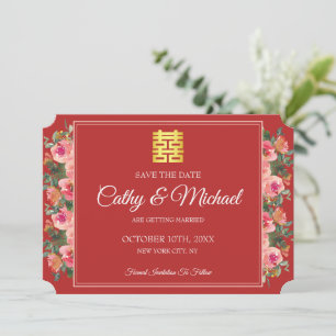 Rosa Blumenpony Rot Moderne chinesische Hochzeit Save The Date