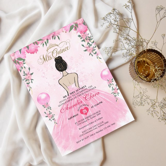 Rosa BlumenPrinzessin Mis Quince Quinceañera Einladung (Von Creator hochgeladen)