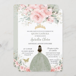Rosa Blumenprinzessin Sage Green Quinceañera Einladung