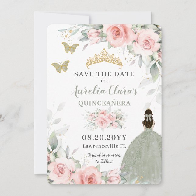 Rosa Blumenprinzessin Sage Green Quinceañera Save The Date (Vorderseite)