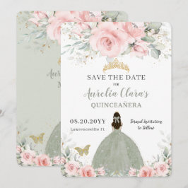Rosa Blumenprinzessin Sage Green Quinceañera Save The Date