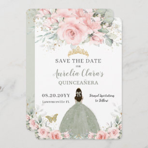 Rosa Blumenprinzessin Sage Green Quinceañera Save The Date