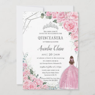 Rosa Blumenprinzessin Silber Quinceanera Mis 15 Einladung