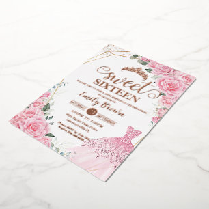 Rosa Blumenprinzessinnenkleid Sweet 16 Roségold Folieneinladung