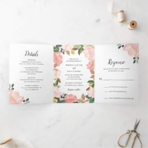 Rosa Blumenrahmen Elegante Hochzeit Dreifach Gefaltete Einladung