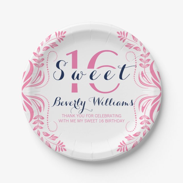Rosa Blumenrahmen Sweet 16 Template Pappteller (Vorderseite)