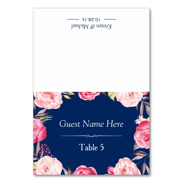 Rosa Blumenreath Classy Navy Blue Wedding Place Tischnummer (Vorderseite)