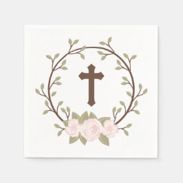 Rosa Blumenreath Cross Taufe Christening Serviette