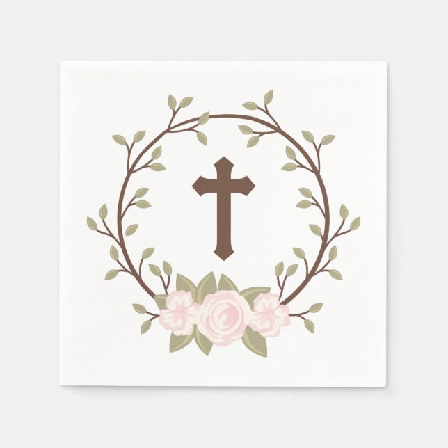 Rosa Blumenreath Cross Taufe Christening Serviette (Vorderseite)