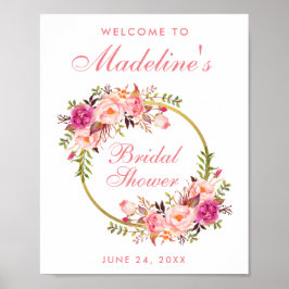 Rosa Blumenreath Gold Brautparty Willkommen Poster