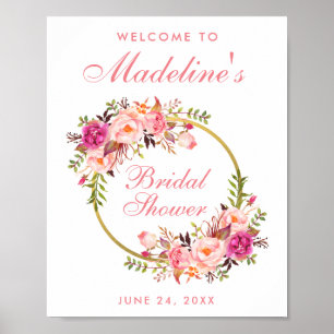 Rosa Blumenreath Gold Brautparty Willkommen Poster