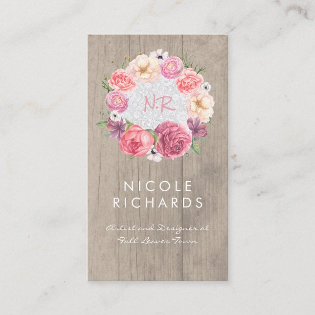 Rosa Blumenreath Rustikales Holz und Spitzen Visitenkarte (Vorderseite)