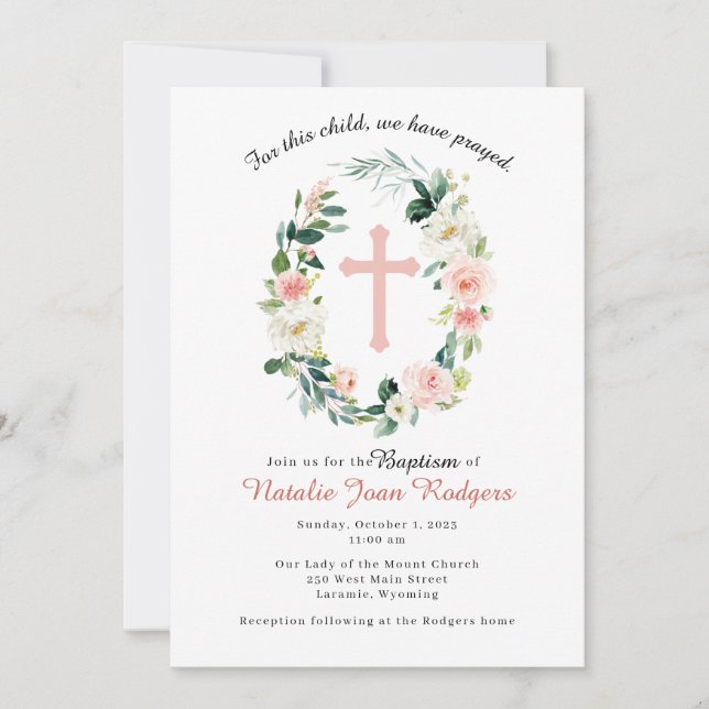 Rosa Blumenreste Taufe Einladung (Vorderseite)