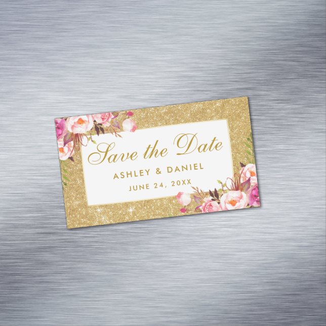 Rosa BlumenSave the Date GoldGlitzer-Minimagnet Magnetische Visitenkarte (Beispiel)