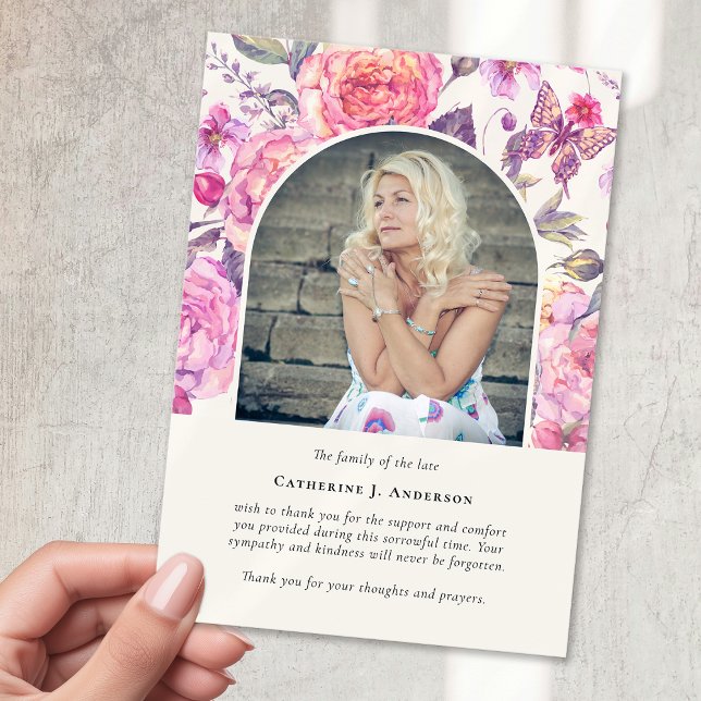 Rosa Blumenschmetterling Foto Beileid Beerdigung Dankeskarte (Von Creator hochgeladen)
