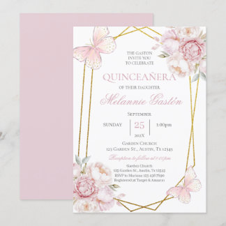 Rosa Blumenschmetterlinge Quinceañera Einladung