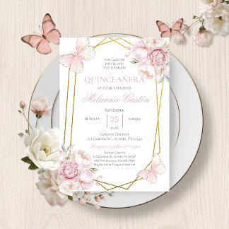 Rosa Blumenschmetterlinge Quinceañera Einladung