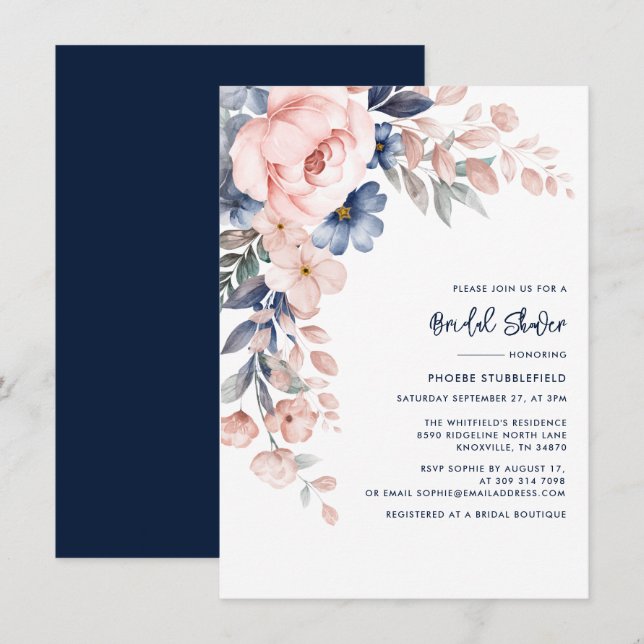 Rosa Blumenschrift Elegantes Brautparty Einladung (Vorne/Hinten)