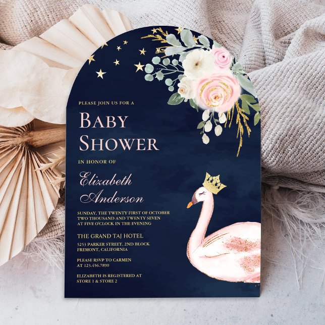 Rosa Blumenschwan Princess Arch Navy Baby Dusche Einladung (Von Creator hochgeladen)