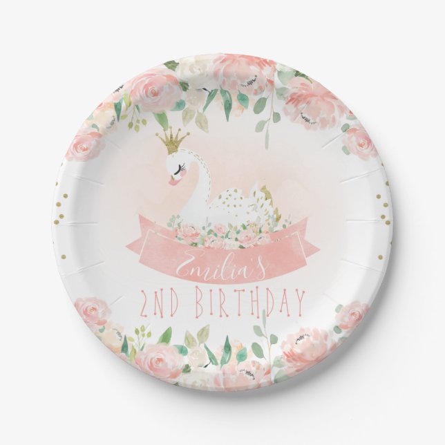 Rosa Blumenschwan Prinzessin Birthday Paper Plate Pappteller (Vorderseite)