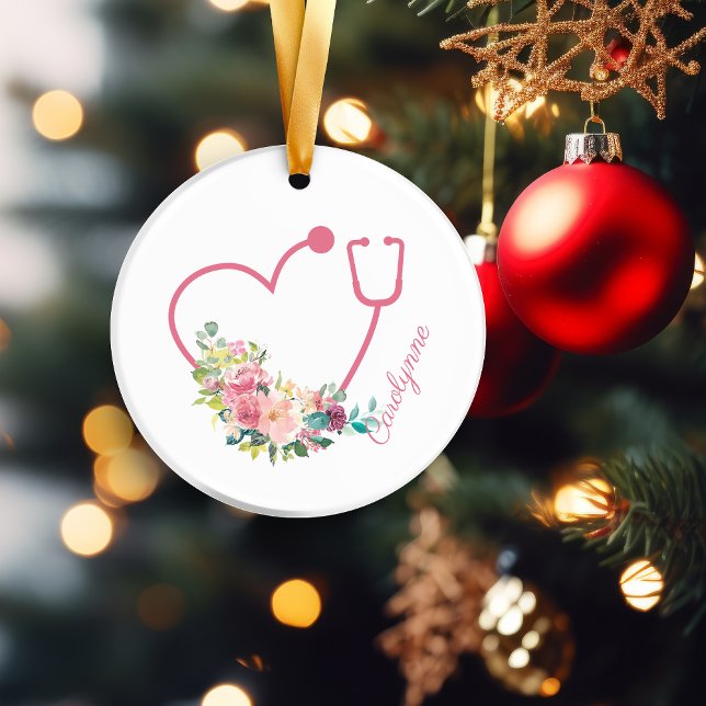 Rosa Blumenstethoskop Herzkrankheit Keramik Ornament (Pink Floral Stethoscope Heart Nurse Caregiver Ceramic Ornament)