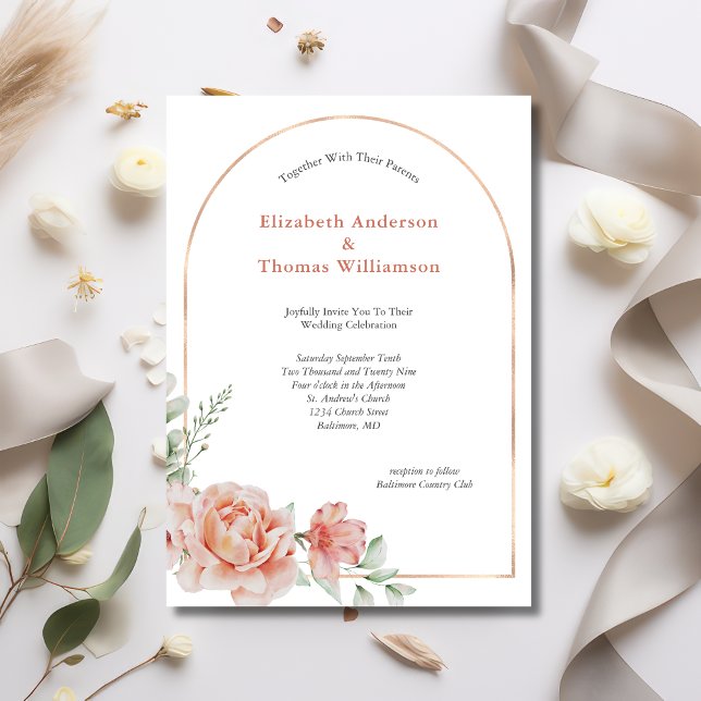 Rosa Blumenstrauß an der Grenze Elegante Hochzeit Einladung (Peach Floral Rose Gold Arch Watercolor Greenery Wedding Invitation Elegant Modern)