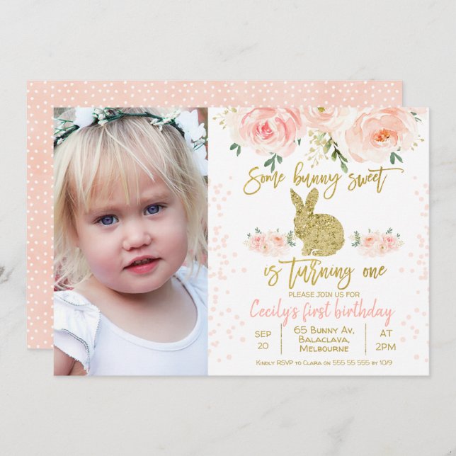 Rosa Blumenstrauß Foto 1. Geburtstag Einladung (Vorne/Hinten)