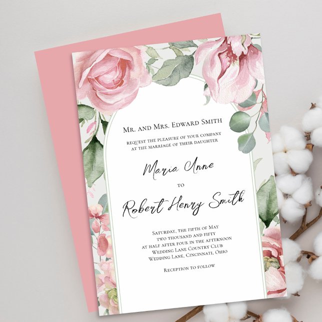Rosa Blumenstrauß Hochzeitsfeier Elegante Einladung (Wedding invitation with watercolor floral. )