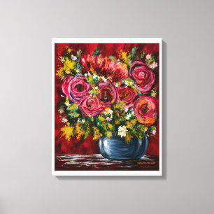 Rosa-Blumenstrauß in blauem Vasen-Leinwand-Kunstwe Leinwanddruck
