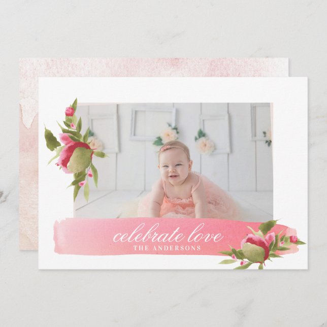 Rosa Blumenstrauß Liebe Valentinstag Fotokarte Einladung (Vorne/Hinten)