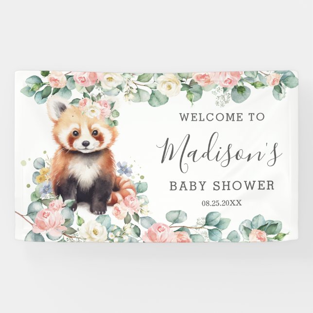 Rosa Blumenstrauß Red Panda Baby Dusche Empfang Banner (Horizontal)