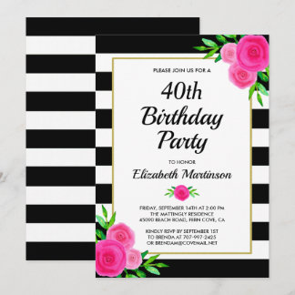 Rosa Blumenstreifen 40. Geburtstagsfeier Party Ein Einladung
