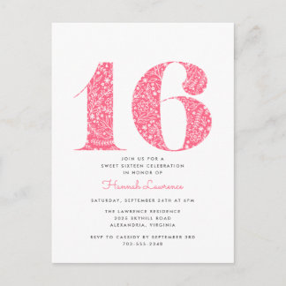 Rosa Blumensüß 16 Geburtstagsfeier Einladung Postkarte