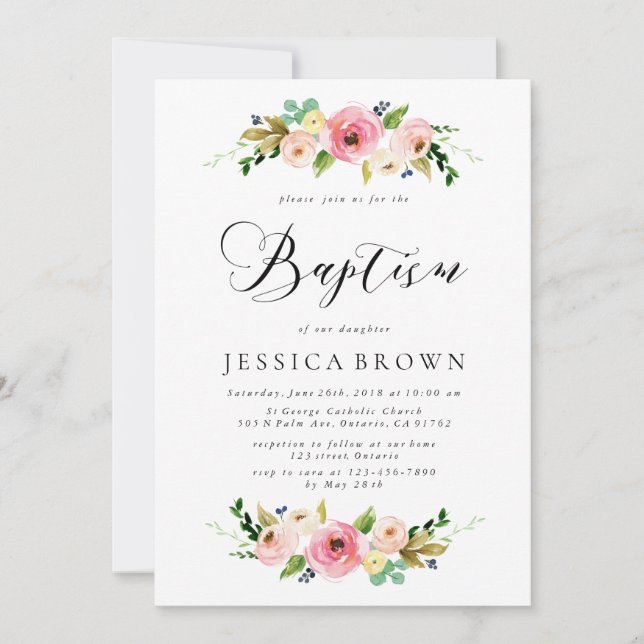 Rosa Blumentaufe Aquarell Blumentaufen Einladung (Vorderseite)