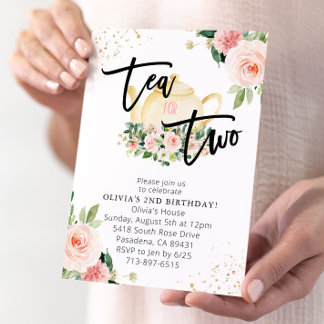 Rosa Blumentee zum 2. Geburtstag Party Einladung