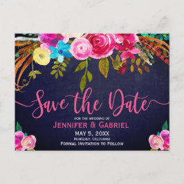 Rosa Blumentypografie Save the Date in Blau Ankündigungspostkarte