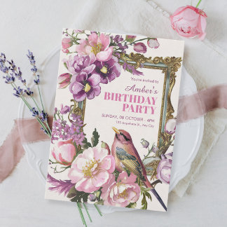 Rosa Blumenvogel Aquarell Geburtstag Einladung